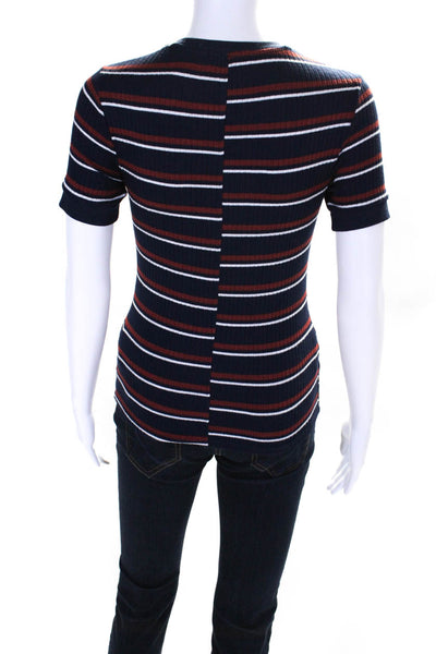 Frame Womens Ribbed Stripe Short Sleeve Tee Shirt Top Brown Navy Blue Size XS