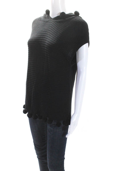 Trina Turk Womens Cotton Knit Pom Pom Hem Cap Sleeve Hooded Sweater Black Size S