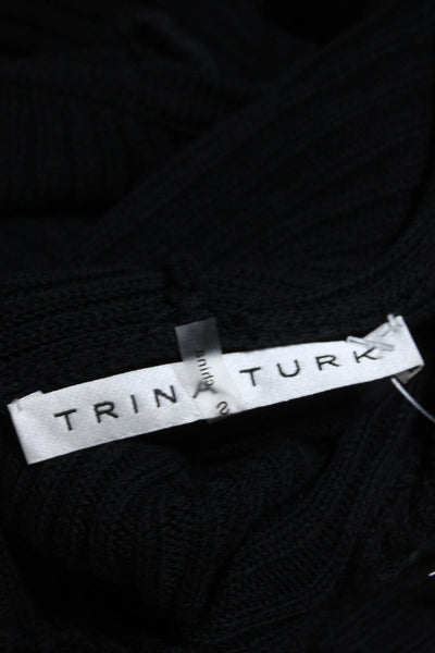 Trina Turk Womens Cotton Knit Pom Pom Hem Cap Sleeve Hooded Sweater Black Size S