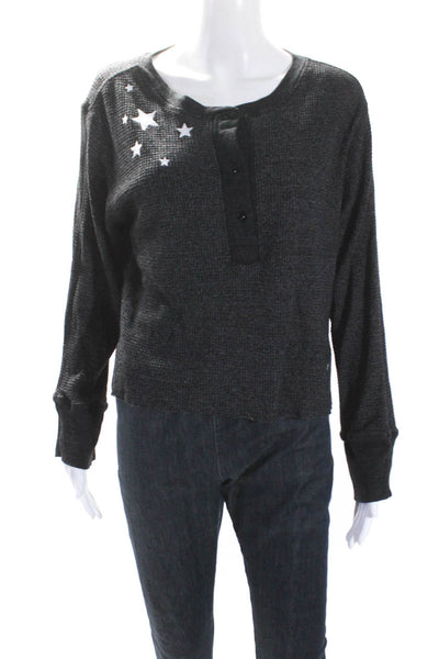 Monrow Womens Thermal Knit Star Henley Cropped Long Sleeve Shirt Gray Size S