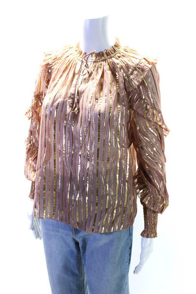 Ulla Johnson Womens Silk Metallic Striped Long Sleeve Blouse Top Pink Size 0