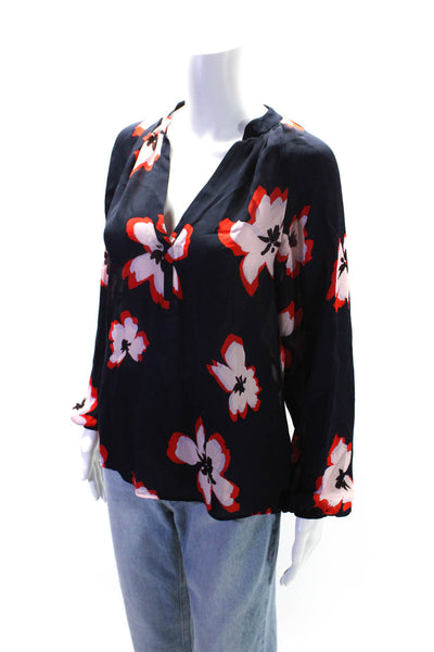 A.L.C. Womens Silk Floral Print V-Neck Long Sleeve Blouse Top Navy Size 0