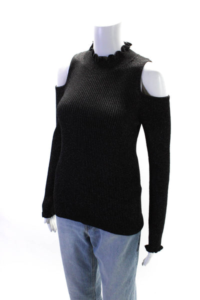 Rebecca Taylor Womens Metallic Cold Shoulder Long Sleeve Knit Top Black Size M