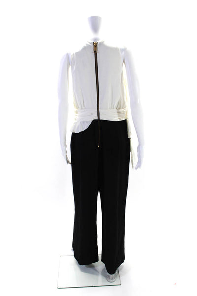 Rachel Zoe Womens Colorblock Print Ruched Flared Jumpsuit White Black Size 10