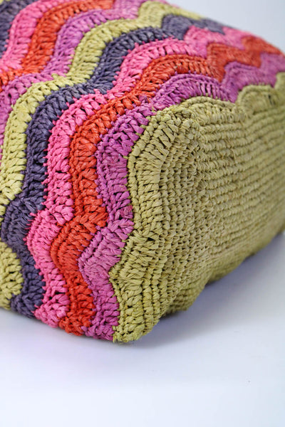 Annabel Ingall Raffia Woven Leather Handle Scallop Trim Tote Handbag Multicolor