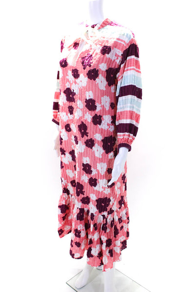 Tanya Taylor Womens Cotton Striped Floral Print V-Neck Maxi Dress Pink Size XS