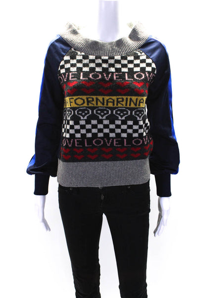 Fornarina Womens Long Sleeve Check Striped Love Logo Sweater Gray Navy Small