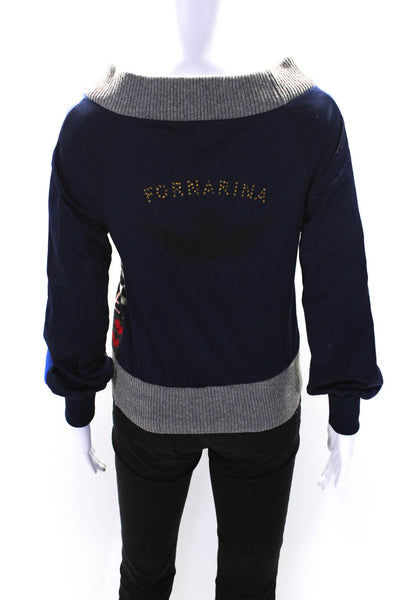Fornarina Womens Long Sleeve Check Striped Love Logo Sweater Gray Navy Small