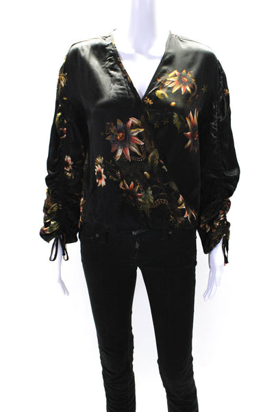 Allsaints Womens Long Sleeve V Neck Floral Silk Faux Wrap Top Black Size 0