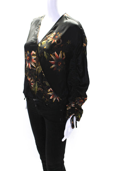 Allsaints Womens Long Sleeve V Neck Floral Silk Faux Wrap Top Black Size 0