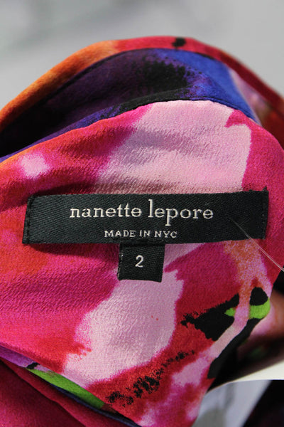 Nanette Lepore Womens Silk Crepe Abstract Print Collared Blouse Top Black Size 2