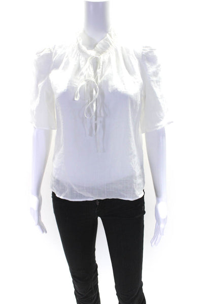Frame Womens Ruffle Trim V-Neck Short Sleeve Button Up Blouse Top White Size XS