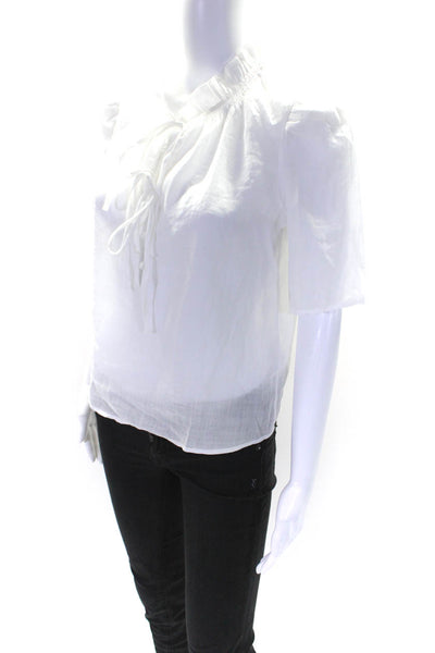Frame Womens Ruffle Trim V-Neck Short Sleeve Button Up Blouse Top White Size XS