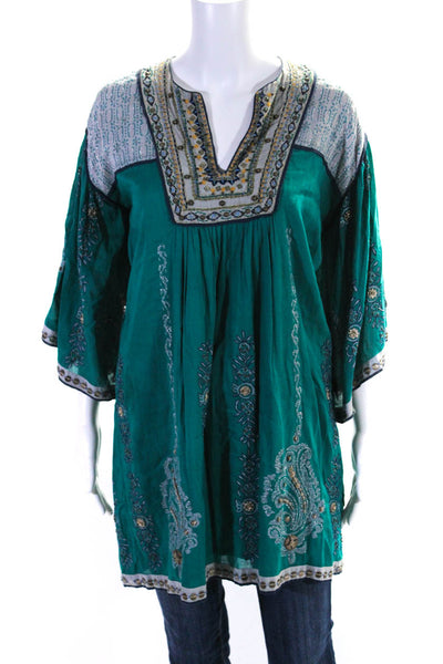 Roberta Freymann Womens 3/4 Sleeve V Neck Embellished Tunic Top Green Size Small