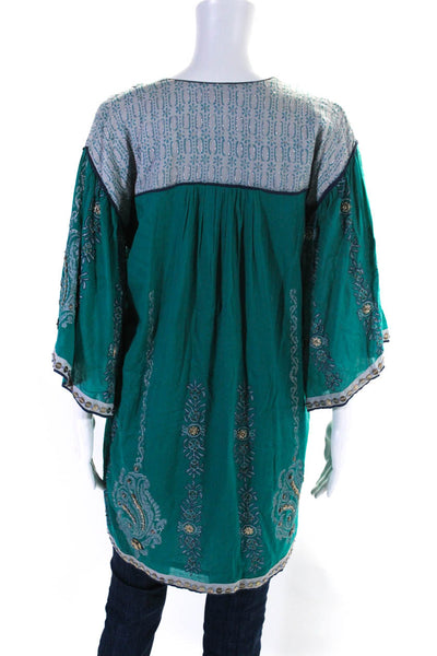 Roberta Freymann Womens 3/4 Sleeve V Neck Embellished Tunic Top Green Size Small