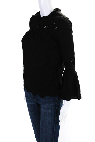 Ulla Johnson Womens Black Eyelet Ruffle Crew Neck Long Sleeve Blouse Top Size S