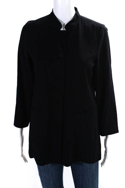 Eileen Fisher Womens Button Front 3/4 Sleeve Collarless Jacket Navy Size PS