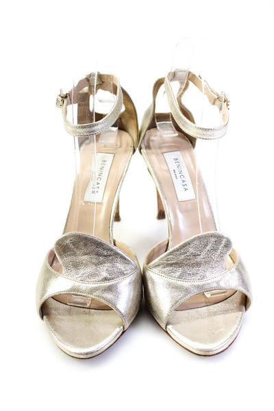 Benincasa Womes Stiletto Metallic Ankle Strap Sandals Gold Tone Leather Size 38