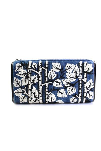 Edie Parker Womens Zip Top Side Resin Embroidered Denim Clutch Handbag Blue