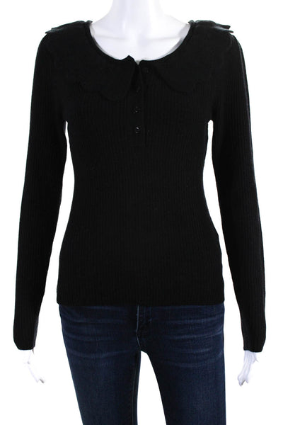 Love Shack Fancy Round Neck Ruffle Long Sleeves Ribbed Sweater Black Size S
