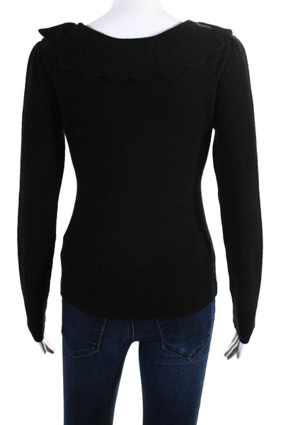 Love Shack Fancy Round Neck Ruffle Long Sleeves Ribbed Sweater Black Size S