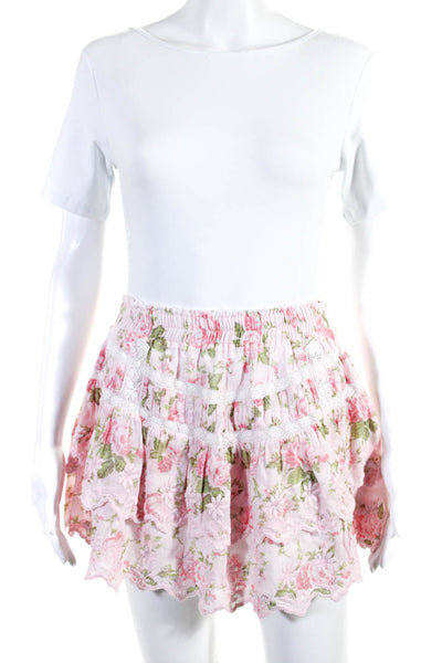 Love Shack Fancy Women's Elastic Waist Ruffle Tiered Floral Mini Skirt Sz M