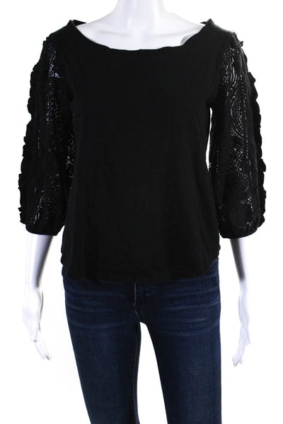 Anthropologie Womens Lace Ruffle 3/4 Sleeve Boat Neck Top Blouse Black Small