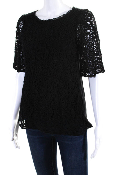 Eri + Ali Womens Lace Jersey Short Sleeve Crew Neck Top Blouse Black Size Small