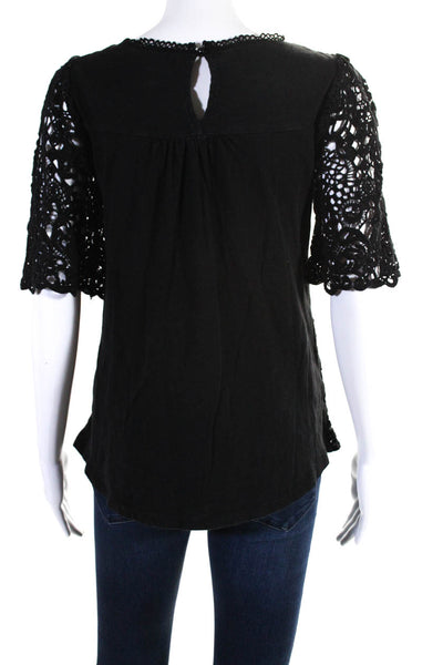 Eri + Ali Womens Lace Jersey Short Sleeve Crew Neck Top Blouse Black Size Small