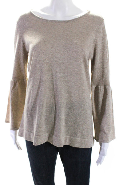Calvin Klein Womens Glitter Round Neck Long Sleeve Pullover Top Brown Size S
