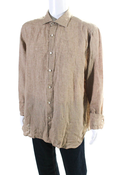 Tintoria Mattei Mens Long Sleeve Woven Button Up Shirt Brown Linen Size 18