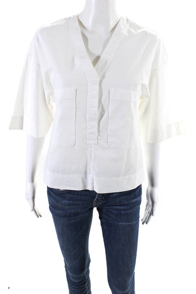 Theory Womens Short Sleeve V Neck Boxy Pocket Shirt White Cotton Size Small