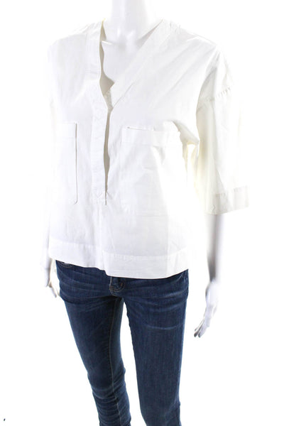 Theory Womens Short Sleeve V Neck Boxy Pocket Shirt White Cotton Size Small