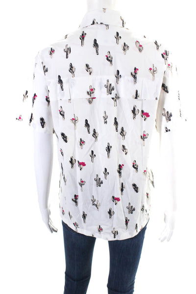Kenzo Womens Button Front Collared Cactus Print Shirt White Cotton Size FR 34
