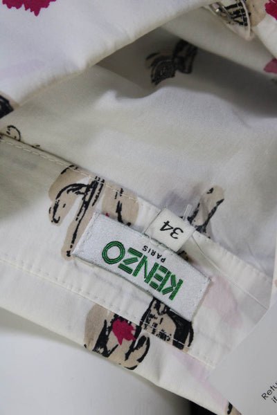 Kenzo Womens Button Front Collared Cactus Print Shirt White Cotton Size FR 34