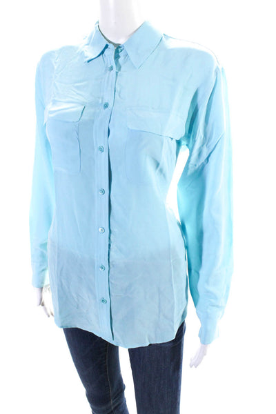 Equipment Femme Womens Button Front Collared Silk Shirt Blue Size Extra Small