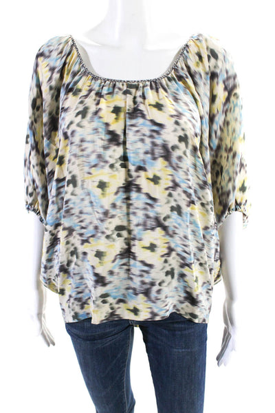 Rebecca Taylor Womens Half Sleeve Scoop Neck Abstract Silk Top White Multi 4