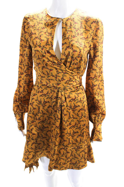 Jonathan Simkhai Womens Hammered Satin Floral Wrap Waist Dress Gold Size 4