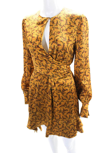 Jonathan Simkhai Womens Hammered Satin Floral Wrap Waist Dress Gold Size 4