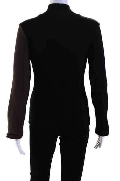Interior Womens Long Sleeve Mock Neck Ribbed Shirt Black Brown Cotton Size 6