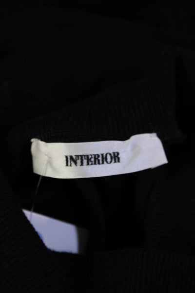 Interior Womens Long Sleeve Mock Neck Ribbed Shirt Black Brown Cotton Size 6