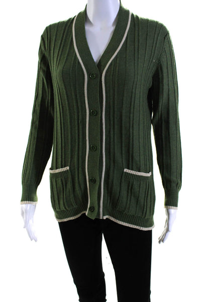 Lanvin Womens Green Wool Ribbed V-neck Long Sleeve Cardigan Sweater Top Size 46
