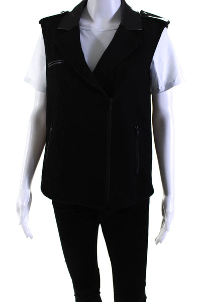 Trouve Womens Wool Blend + Vegan Leather Collared Zip Up Vest Black Size XS