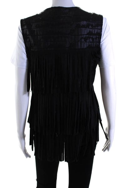 Casting Womens Embossed Vegan Leather Fringe Trim Open Front Vest Black Size 2