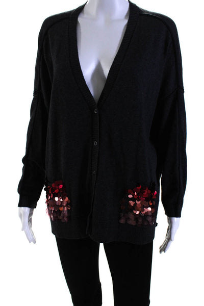 525 America Womens Cotton Sequin V-Neck Button Up Cardigan Sweater Gray Size XS