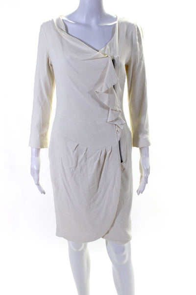 Reiss Womens Crepe Cascade Ruffle Zip Front V-Neck Sheath Dress White Size 4