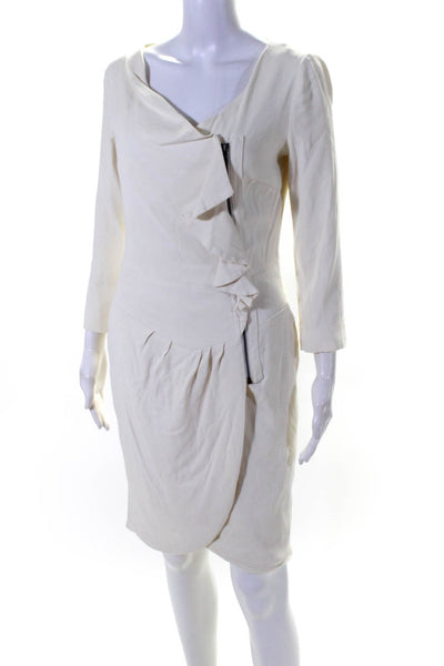 Reiss Womens Crepe Cascade Ruffle Zip Front V-Neck Sheath Dress White Size 4