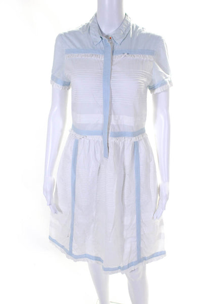 Chinti & Parker Womens White Blue Cotton Ruffle Short Sleeve Shift Dress Size S