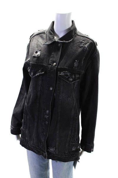 We The Free Womens Button Down Collared Distressed Jean Jacket Denim Black XS