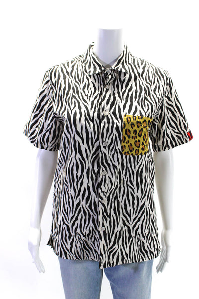 R13 Japanese Fabric Womens Cotton Animal Print Patchwork Button Top White Size S